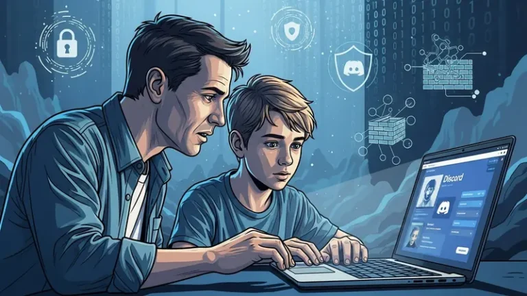 parent and teenager looking at Discord app together on laptop screen with concerned expression