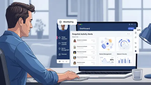 parent reviewing monitoring app dashboard on laptop showing Snapchat activity alerts
