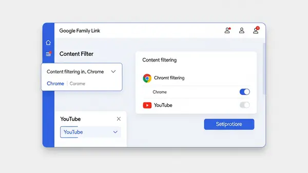 Google Family Link content filter settings screen showing Chrome and YouTube options
