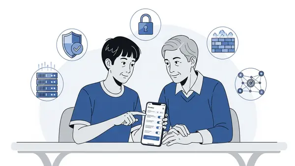 older teen and parent reviewing smartphone privacy settings together