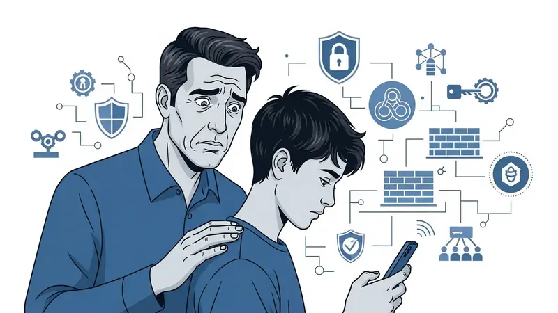 concerned parent looking at teenager's phone with worried expression
