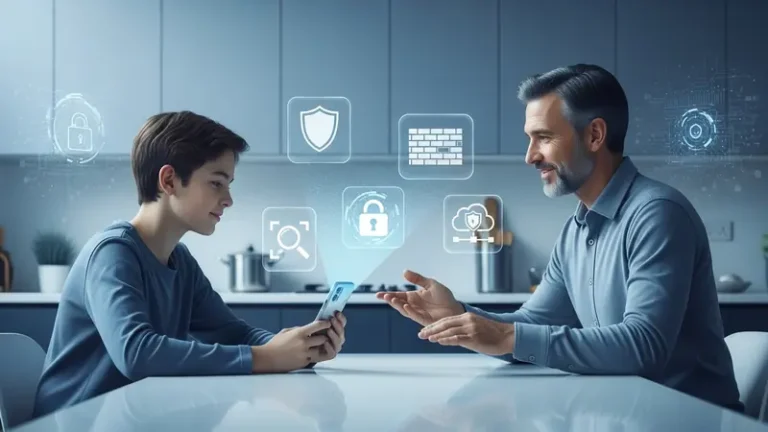 parent and teenager having calm conversation about smartphone use at kitchen table