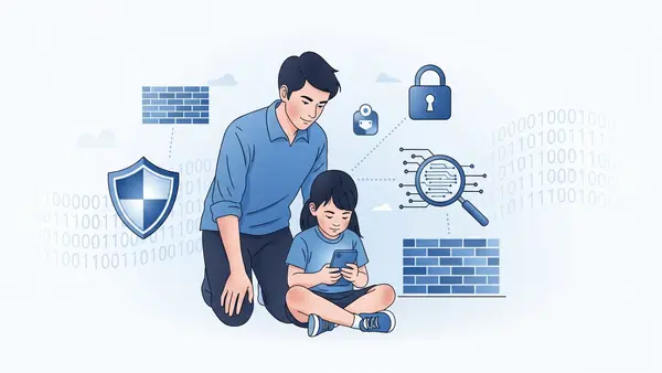 elementary school child using smartphone with parent supervising nearby