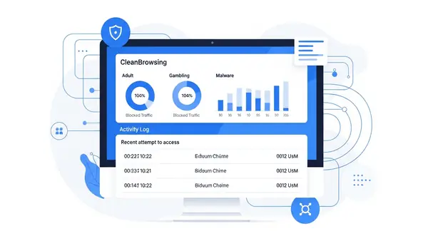 CleanBrowsing dashboard showing blocked site categories and activity log on computer screen